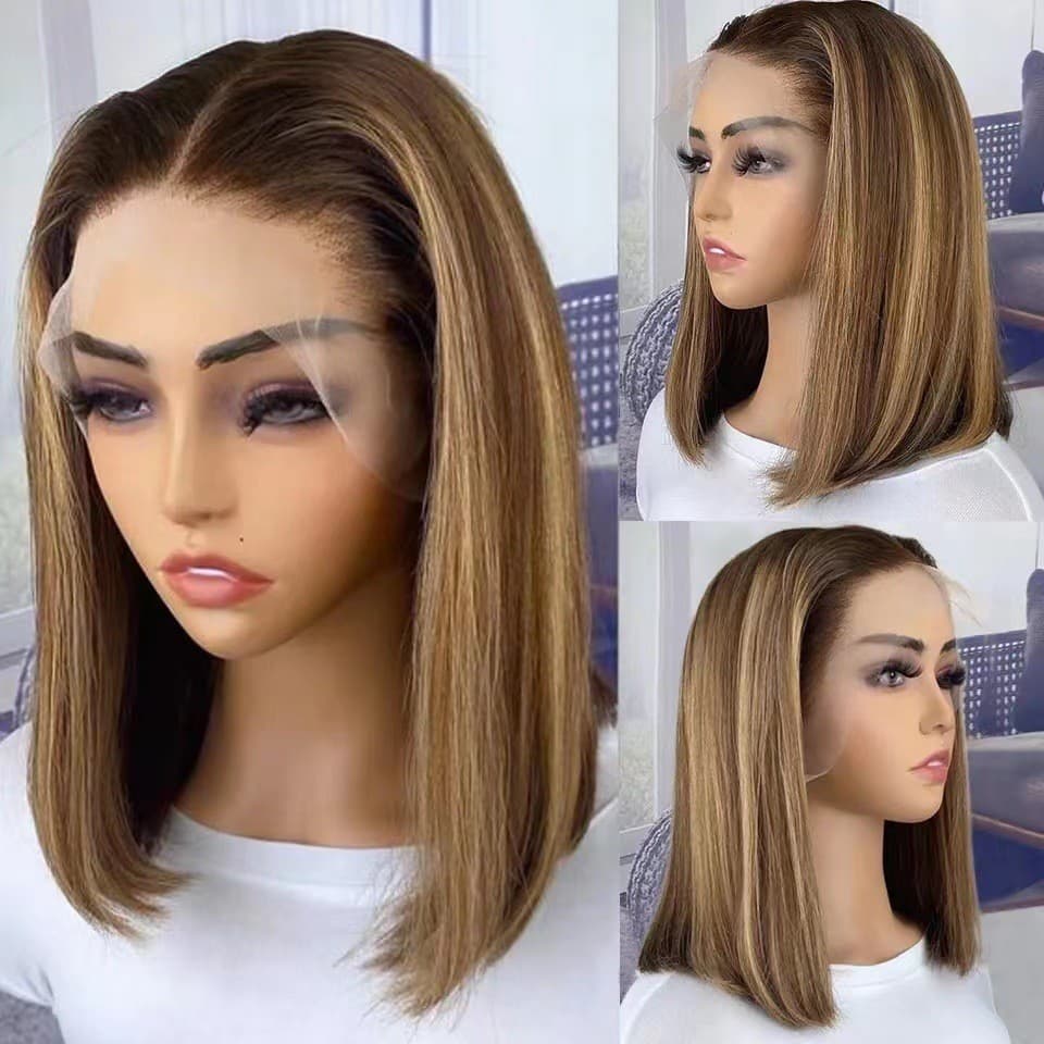 Peruca de cabelo curto e liso com frente de renda, corte bob em degradê na cor piano, elegante e moderna, com touca de f