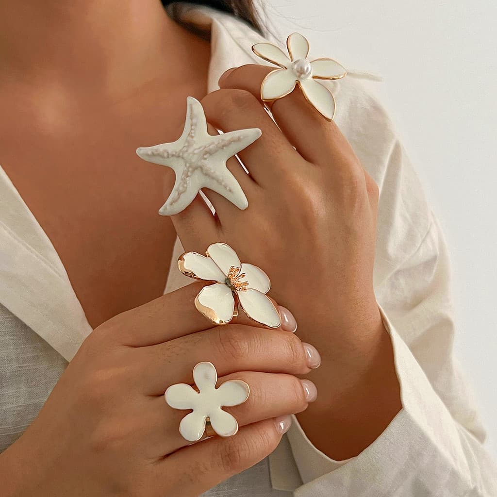 Anel tridimensional exclusivo com design de flor de cinco pétalas e efeito de gotejamento de óleo, anel exagerado com es