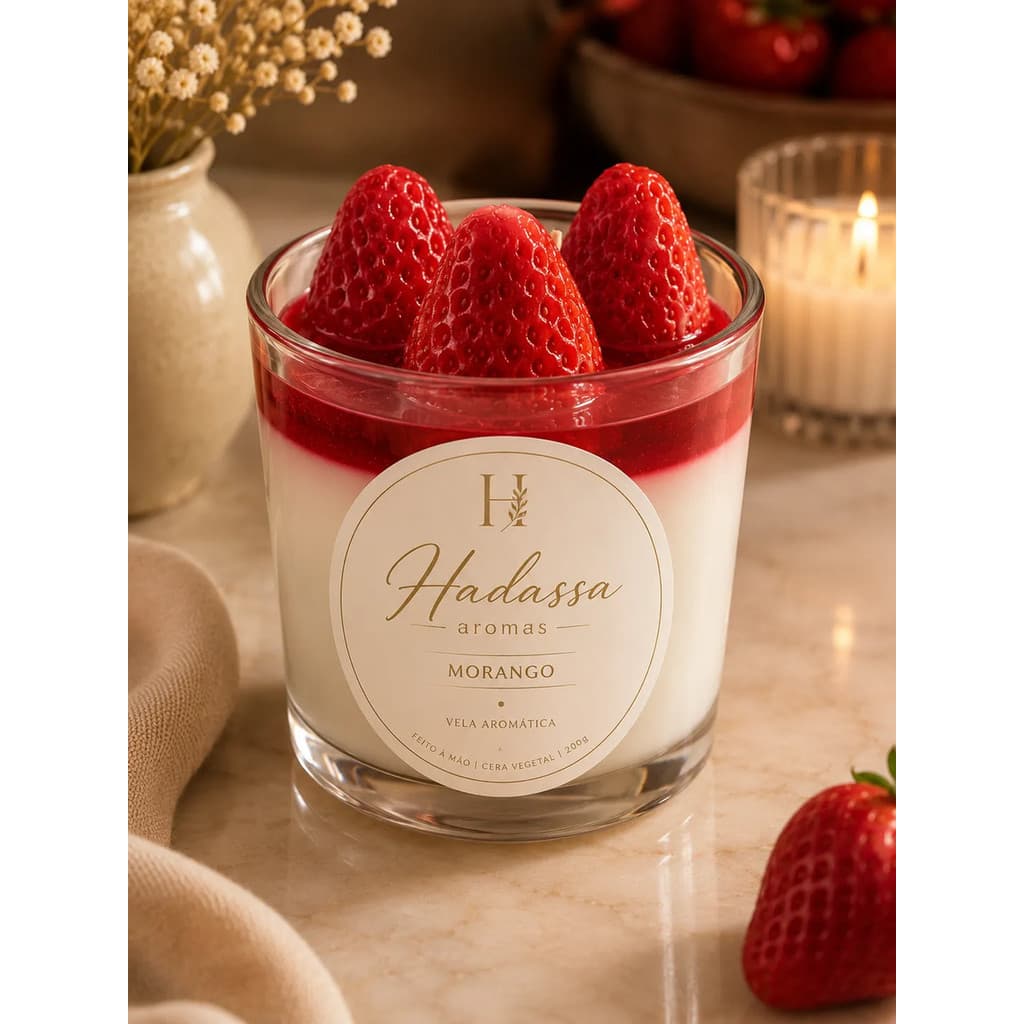 Vela Aromática  Morango 170g Feita Com Cera De Coco