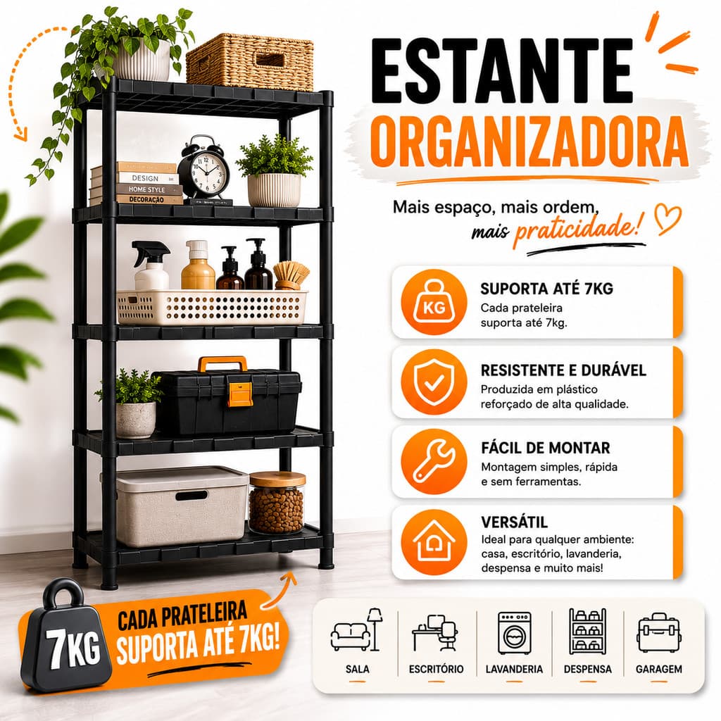 Estante Organizadora Multiuso Resistente Plástico Modular Lavanderia Casa Quarto Cozinha Preto Hack