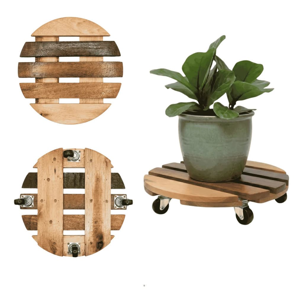Suporte De Madeira Redondo 30cm com Rodinhas Giratória Para Vaso De Planta, Botijão, Galão de água