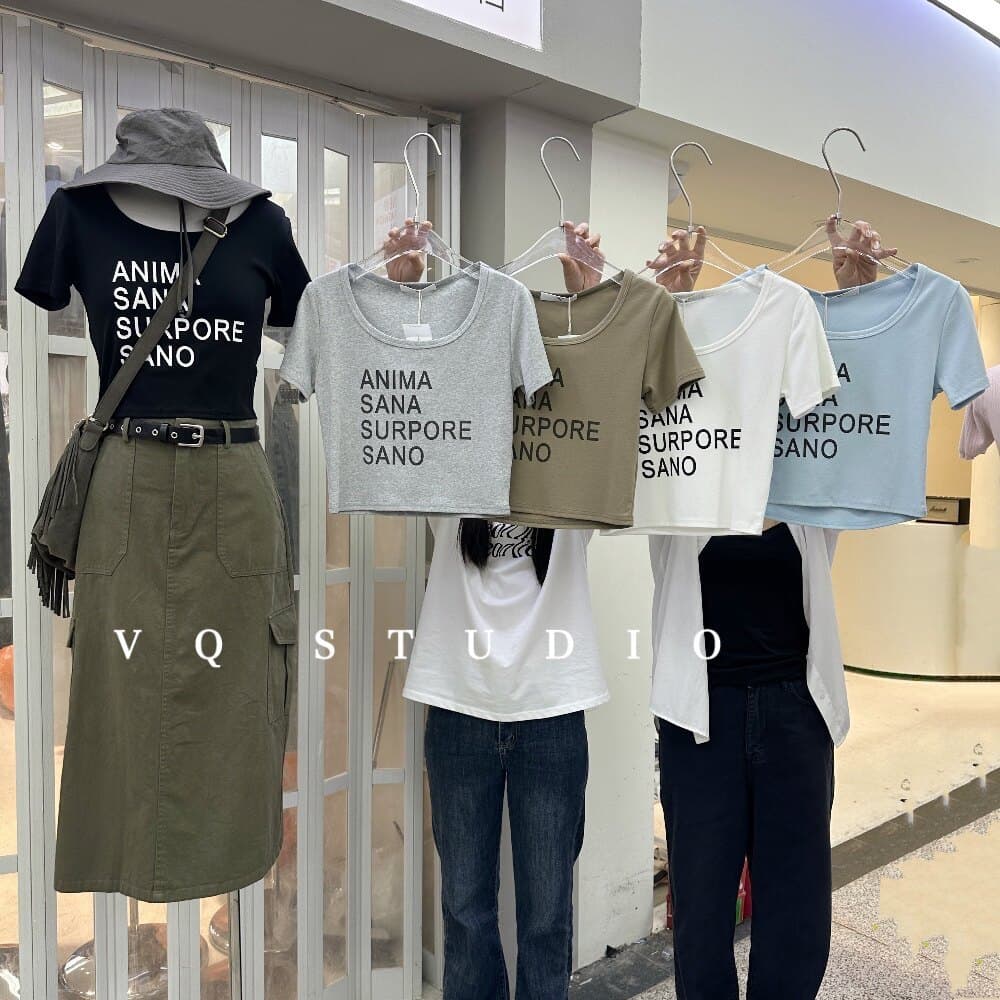 VQ americano quente fino-ajuste recortado de manga curta topo feminino verão Retro carta impressa ombro em torno do pesc