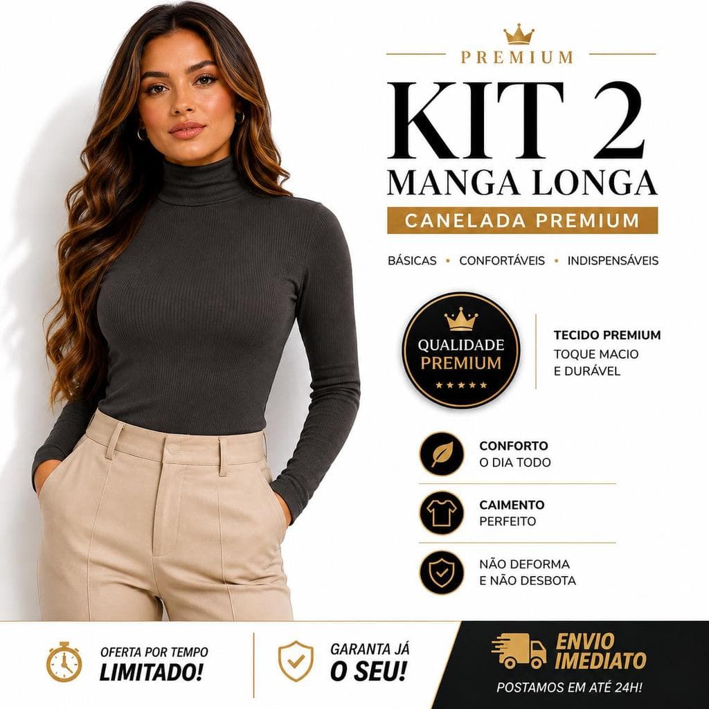 Kit 2 Blusa Canelada Manga Longa Gola Alta Confortável Casual Feminina Segunda Pele Outono Inverno