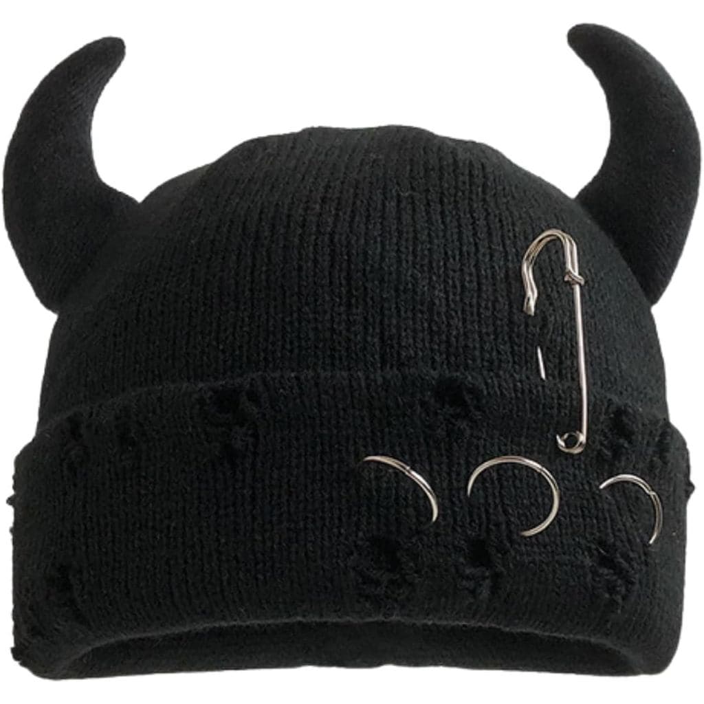 Gorro Gótico Com Chifre Do Diabo Desgastado , Anel De Ferro , Chapéu De Malha , Acessórios Y2K Grunge Emo