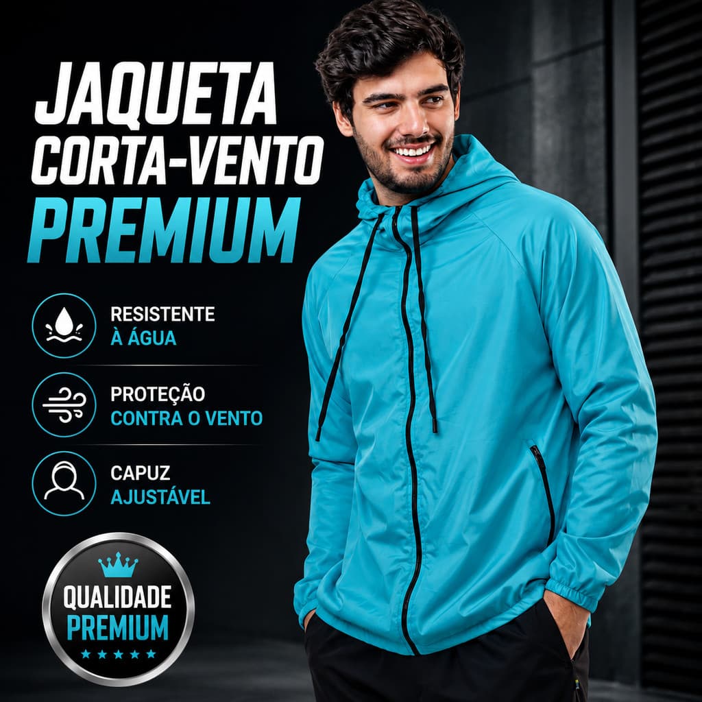 Jaqueta Corta Vento Masculina Sport Térmica UV50 Azul Turquesa Capuz