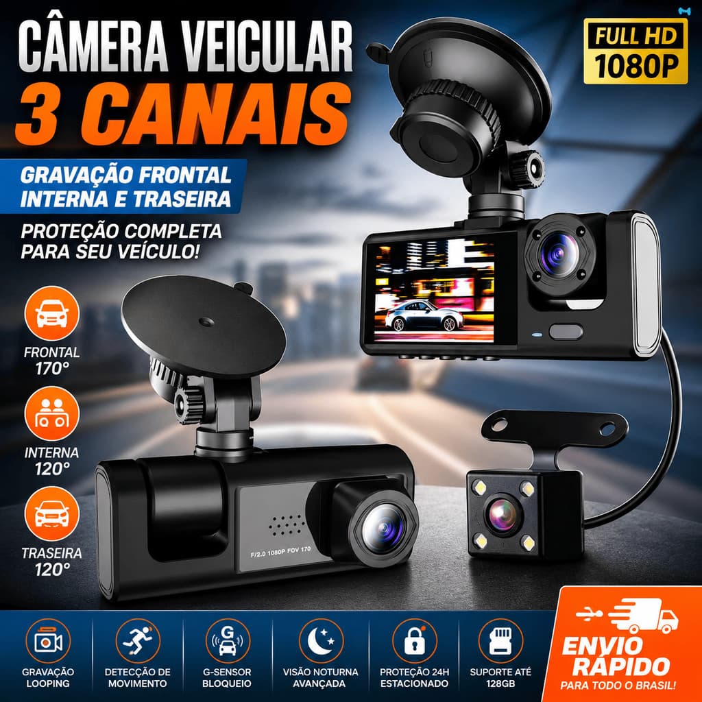 🏆Câmera Veicular 3 Canais Full HD 1080p Frontal, Interna e Traseira G-Sensor Visão Ampla 170°