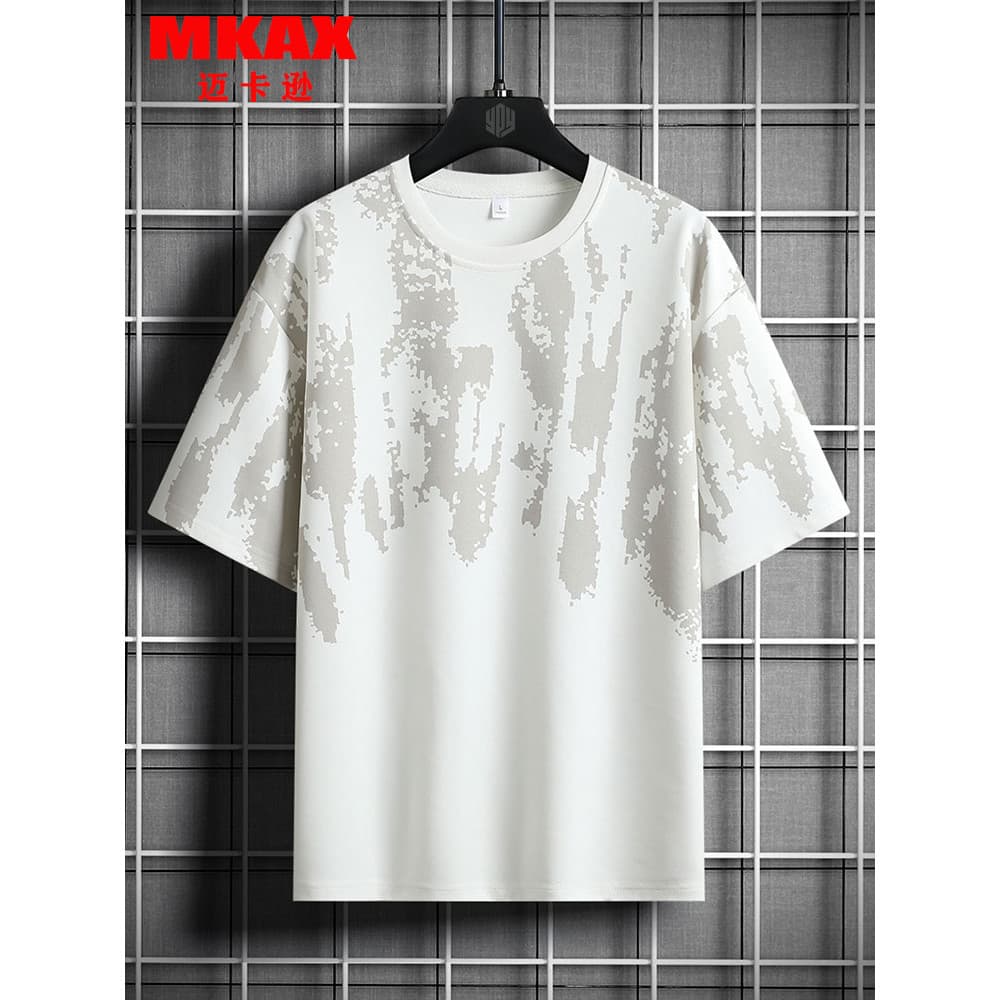 Camiseta de manga curta masculina verão fino gradiente bonito solto mais gordura plus Size em torno do pescoço meia mang