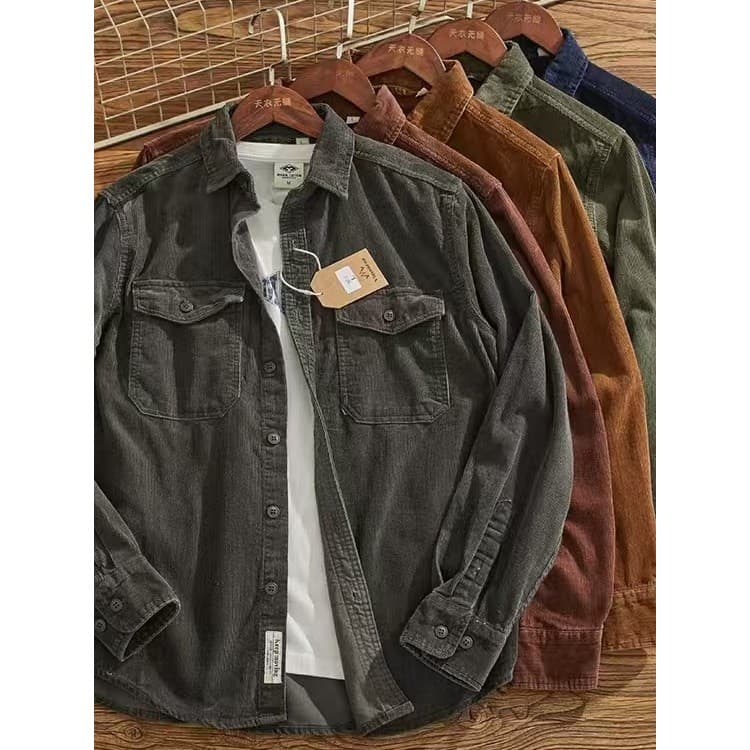 2026 outono novo estilo americano Retro lavado cor sólida Workwear camisa masculina cara resistente tridimensional bolso