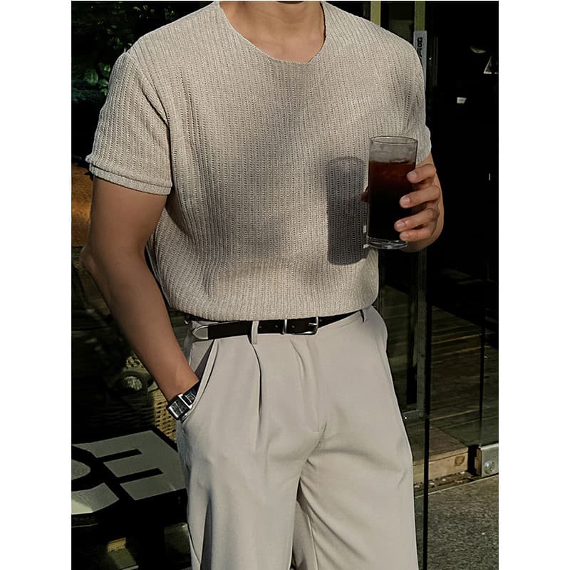 K malha fina em torno do pescoço de manga curta camiseta masculina verão americano Casual respirável topo Chenille Waffl