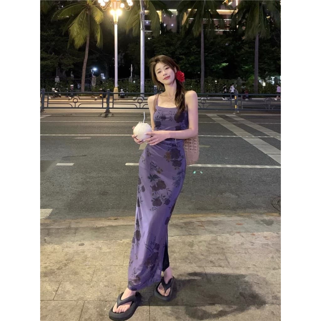 Francês irmã real roxo estilingue vestido feminino verão 2026 novo estilo rosa impressão magro-ajuste Hip-embalado saia