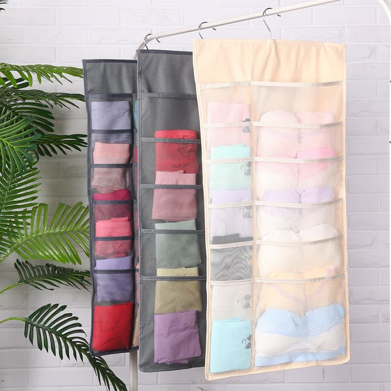 Saco de armazenamento de roupa interior pendurado dupla face pendurado meias saco de armazenamento atrás da porta armaze