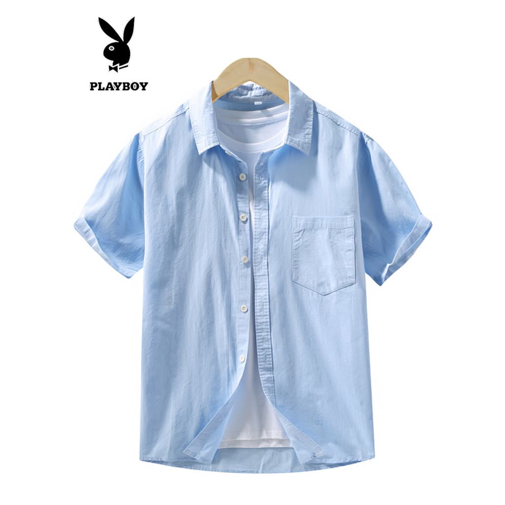 Playboy puro algodão fino camisa de manga curta masculina verão novo estilo solto Casual na moda lapela camisa de meia m