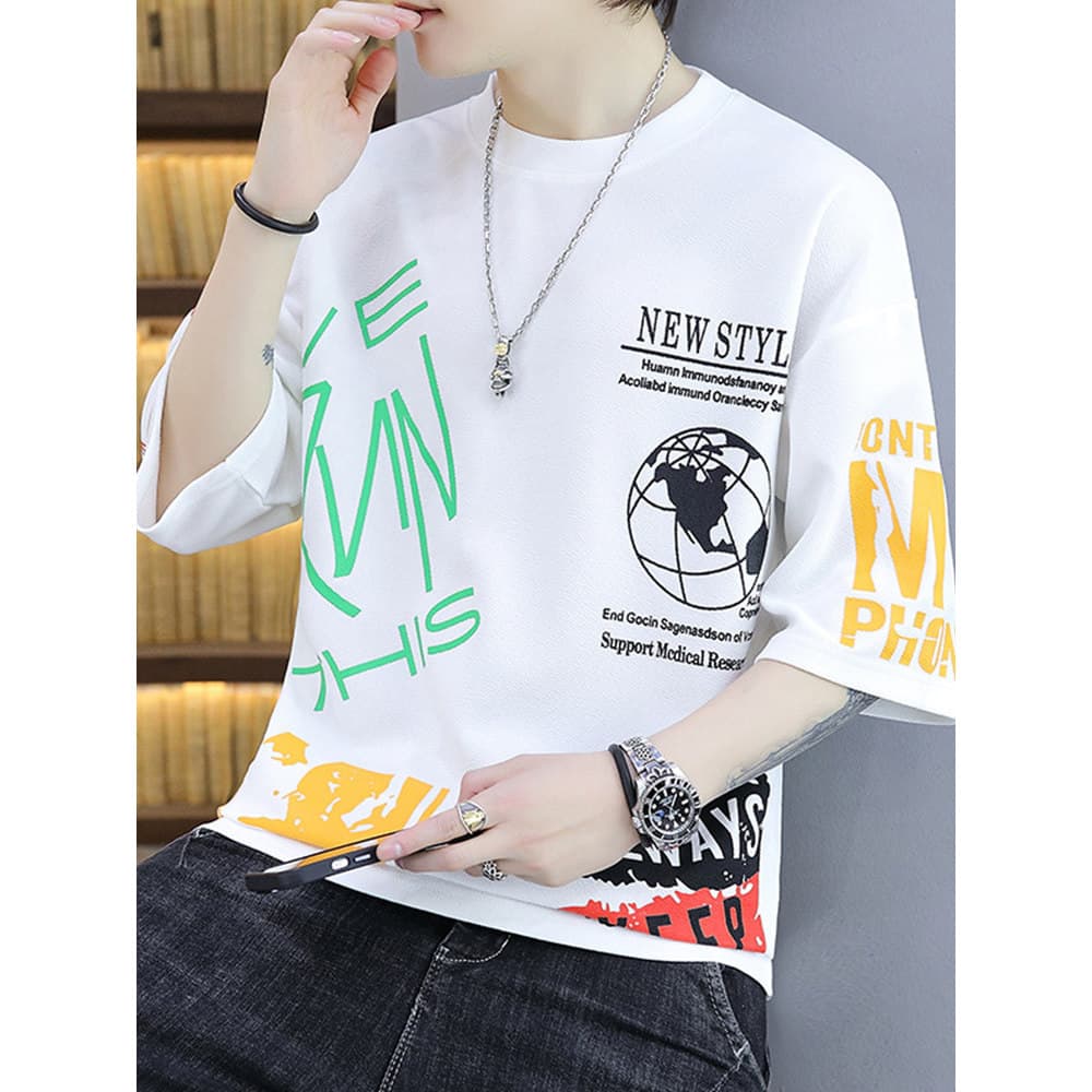 2026 verão novo estilo masculino manga de três quartos topo versão coreana na moda solto de manga curta camiseta Street