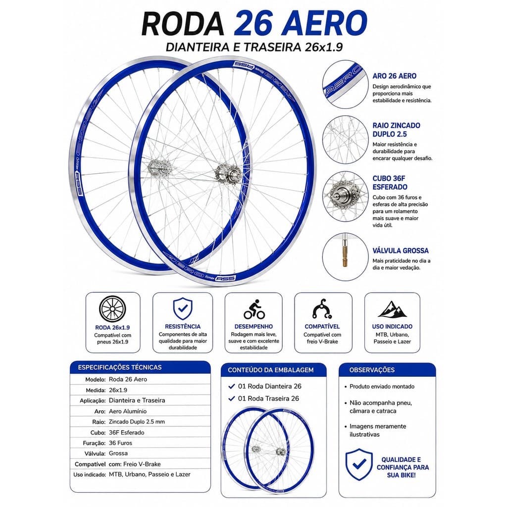 Roda Aro 26 Azul Escuro Aero 26x1.9 Cubo Aço 36F Raio Grosso Bicicleta MTB Urbana O Par