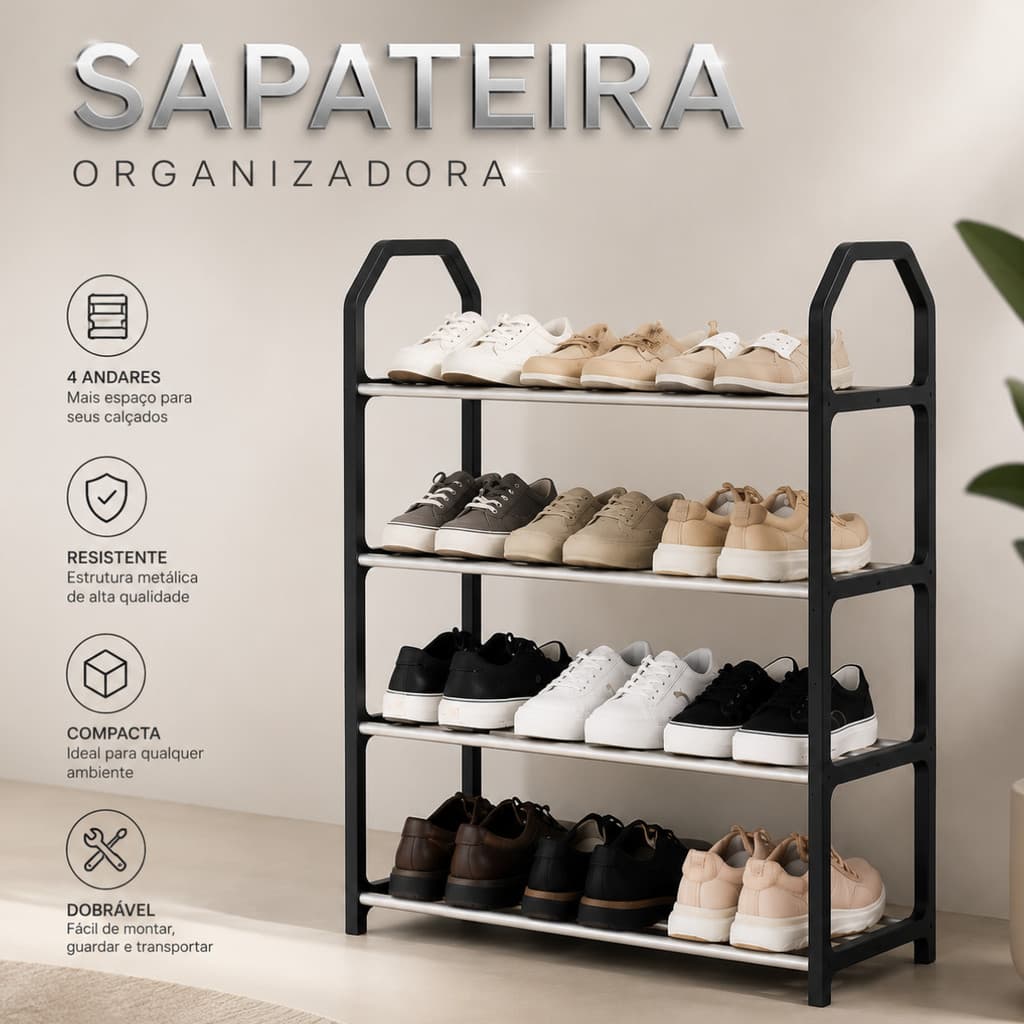 Sapateira Organizadora 4 Prateleiras Multiuso Estante Para Sapatos Resistente Preta