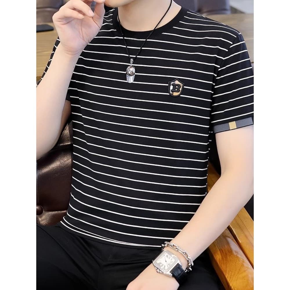 Camiseta masculina de manga curta verão novo estilo High-End em torno do pescoço listrado camiseta Casual All-Match H