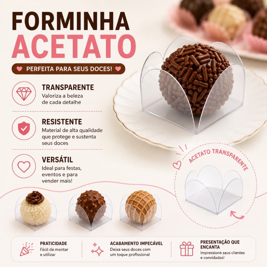 Forminha Acetato Para Doces Finos 50/300 Transparente Festa Aniversário Brigadeiro Gourmet Luxo
