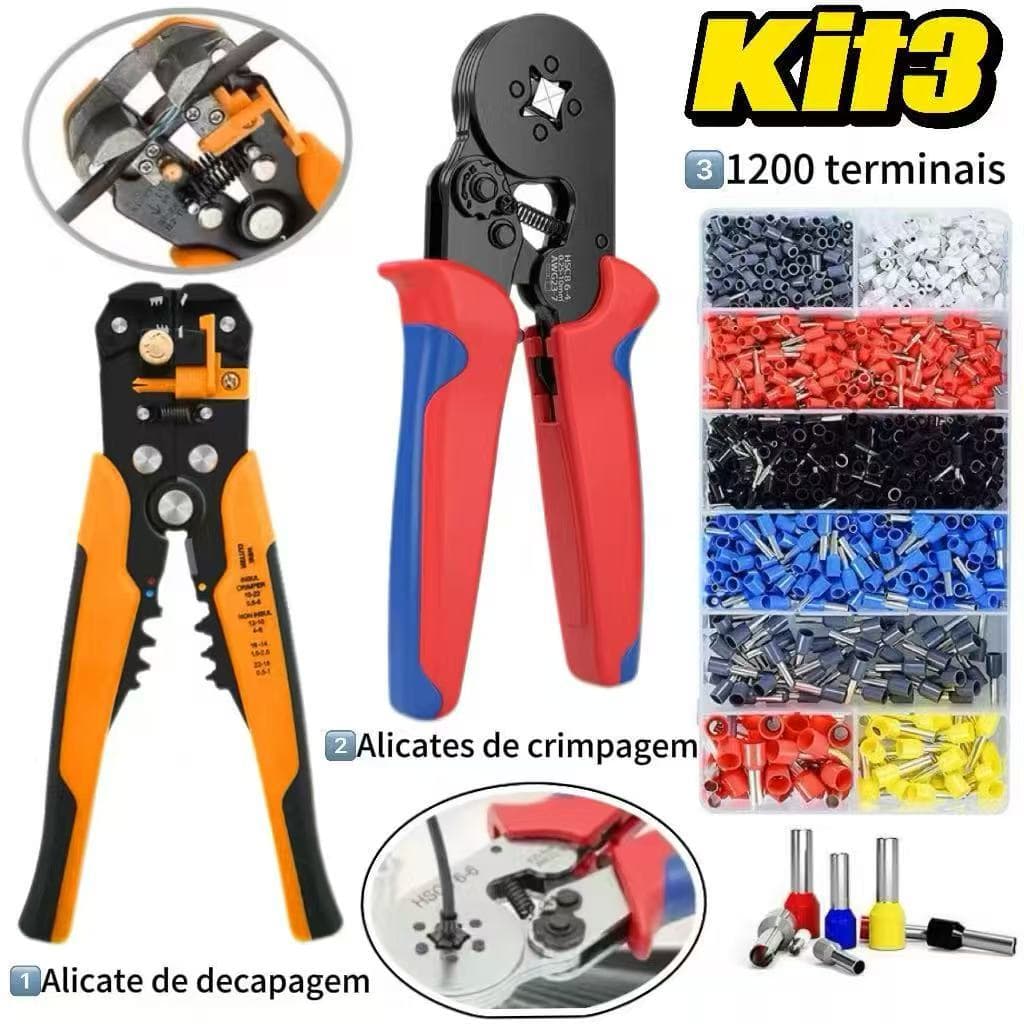 Alicate Crimpar Cripador + 1200 Terminais Ilhos + Alicate Descascador Decapador