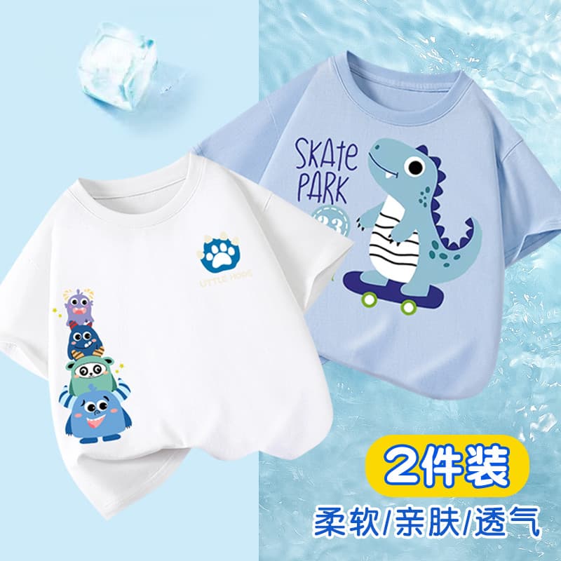 Meninos puro algodão manga curta camiseta 2026 dos desenhos animados dinossauro impressão meia manga verão versão solta