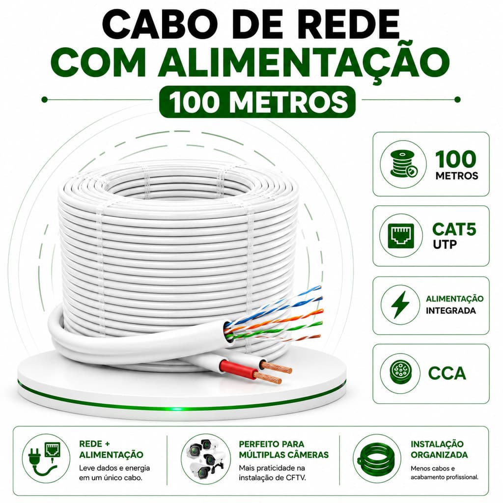 Cabo de Rede com Alimentação para Multi Câmeras CFTV 100 Metros Branco