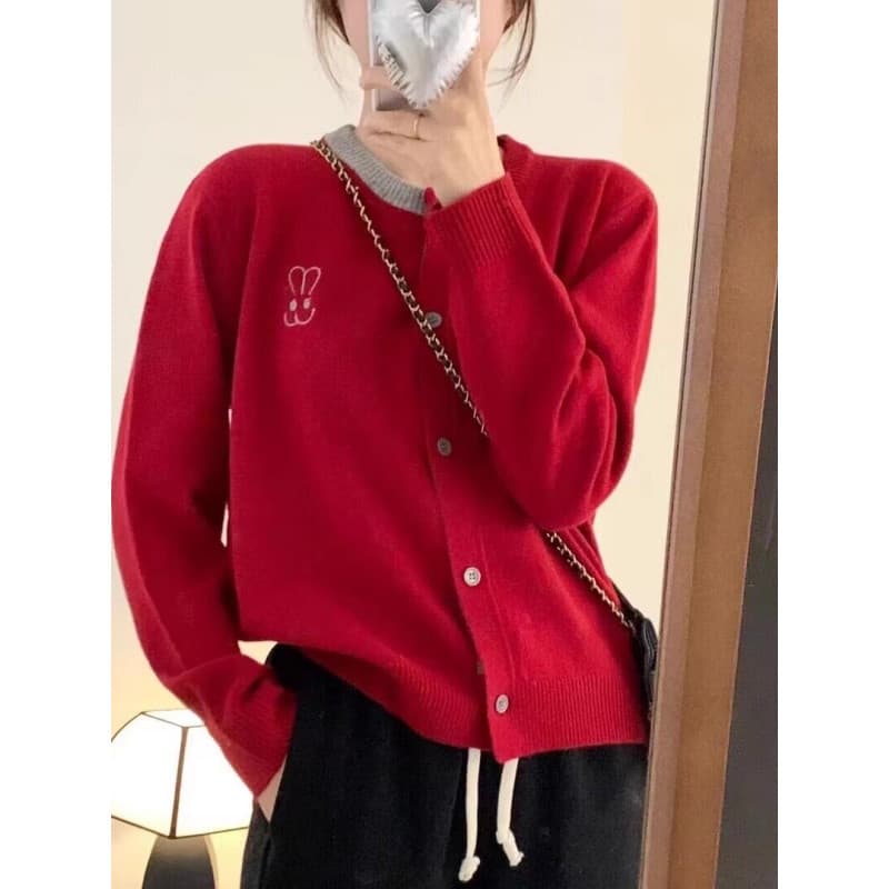 Estilo japonês GP bordado Cashmere cardigan moda feminina cor-bloqueio de malha cardigan redução de idade exterior em to