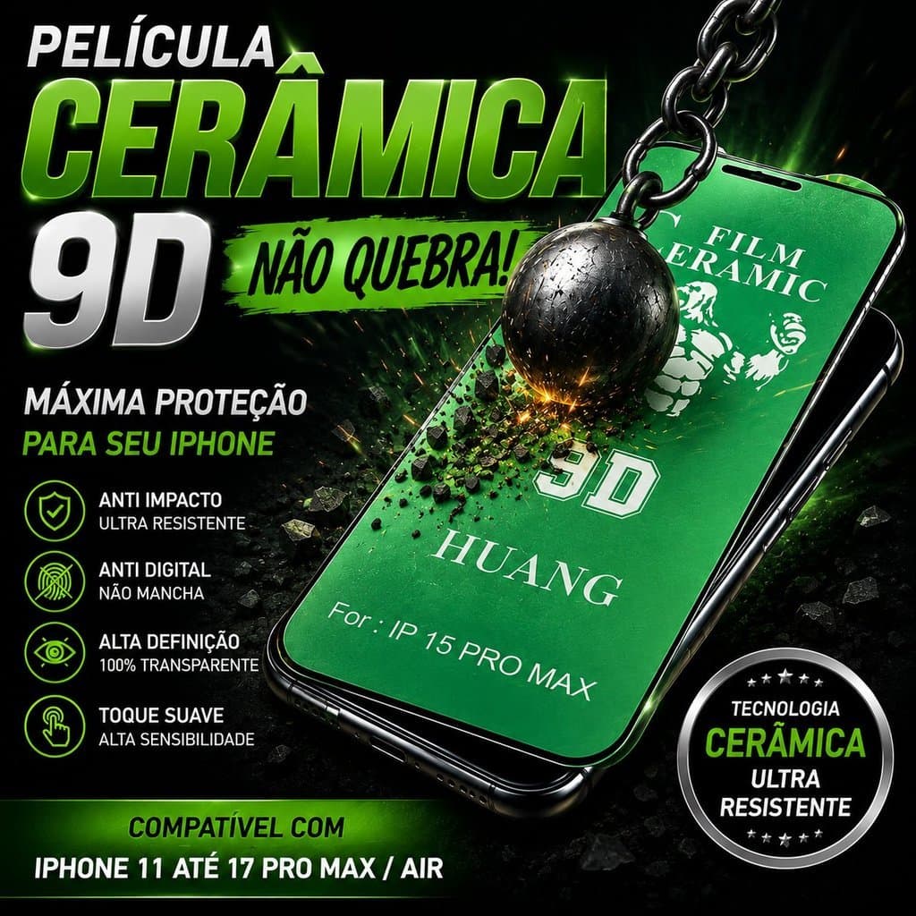 Película Cerâmica HD 9D Anti Impacto para iPhone 11 12 13 14 15 16 17