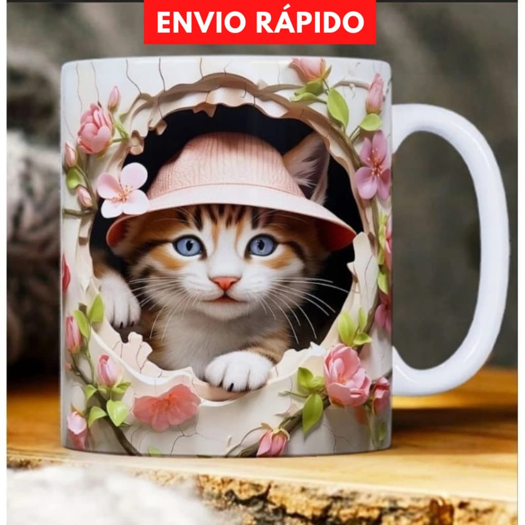 Caneca Gatinha 3D Rosa 325 ml Porcelana