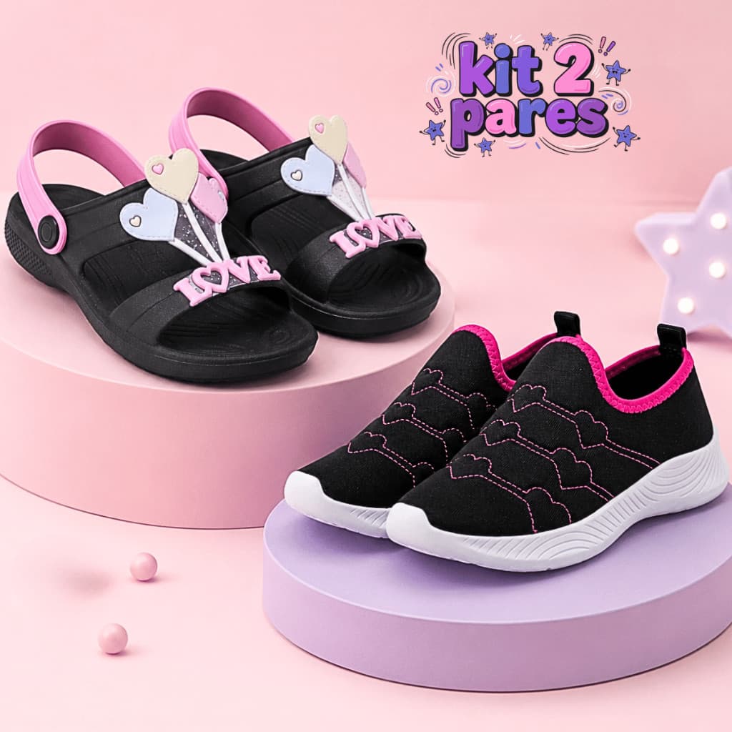 Kit 2 Pares Tênis Infantil Calce Fácil Menina + Sandália Babuche Confortável