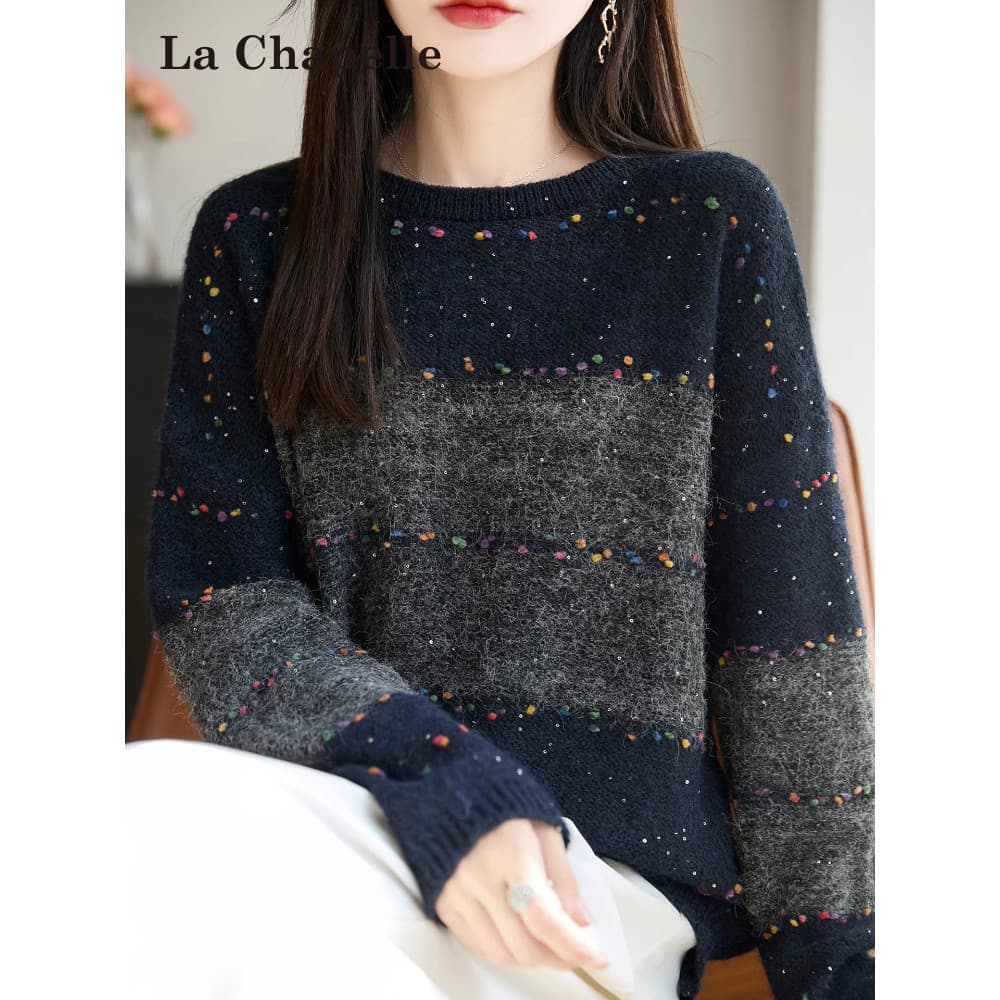 Lasher Bell Início do outono contraste cor frisado camisa de fundo de malha feminina primavera outono estilo ocidental P