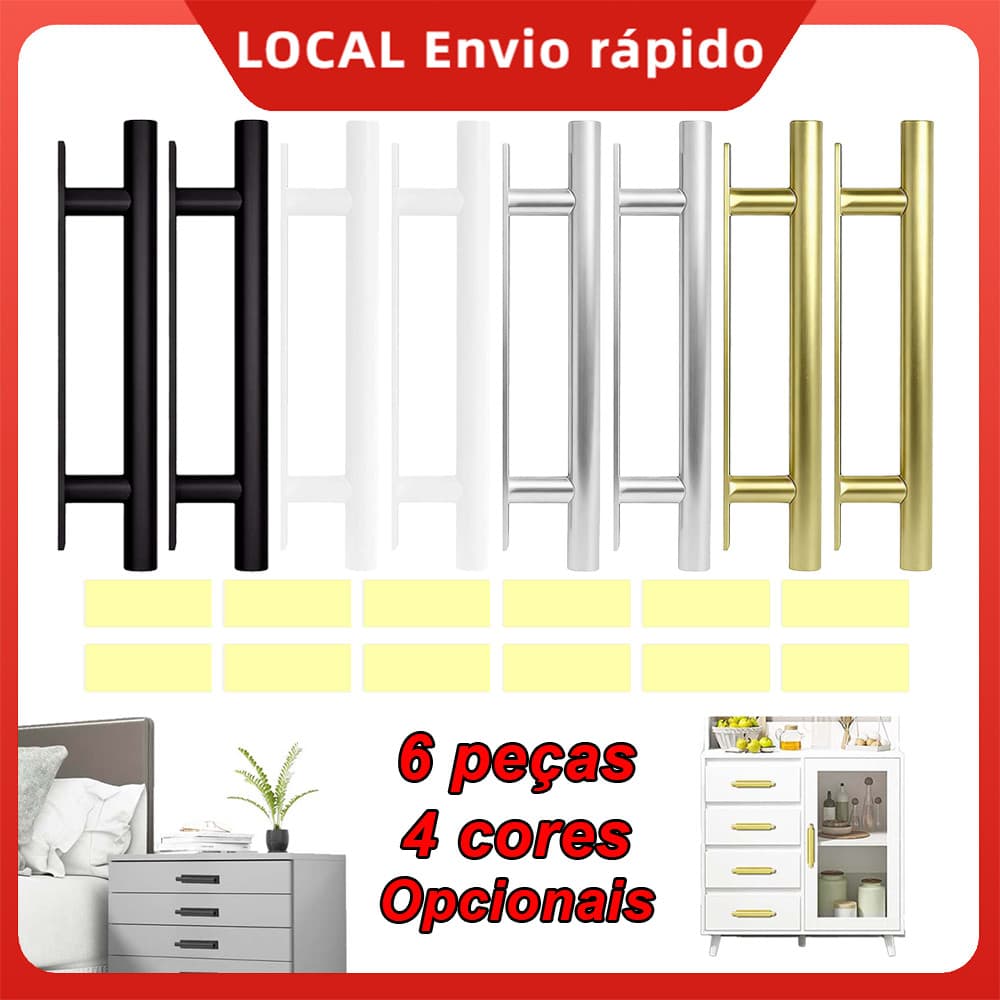 Puxador Auto-adesivo ABS 6 Peças Sem Furar - 15x3.5cm, para Armário e Guarda-Roupa, Instalação sem Ferramentas