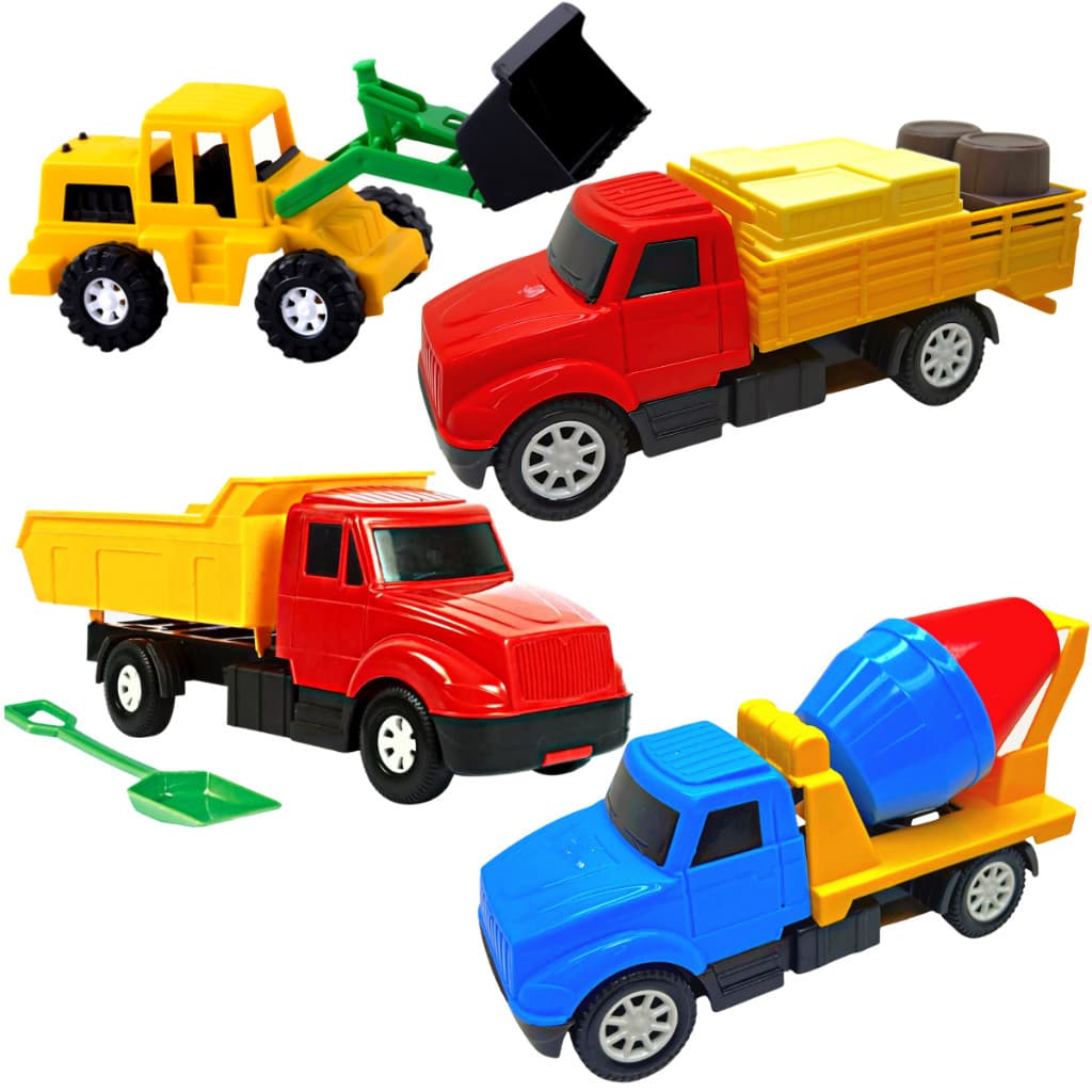 Kit 4 Carrinhos Construção Caminhão Betoneira Carga Trator Escavadeira Brinquedos Meninos Crianças