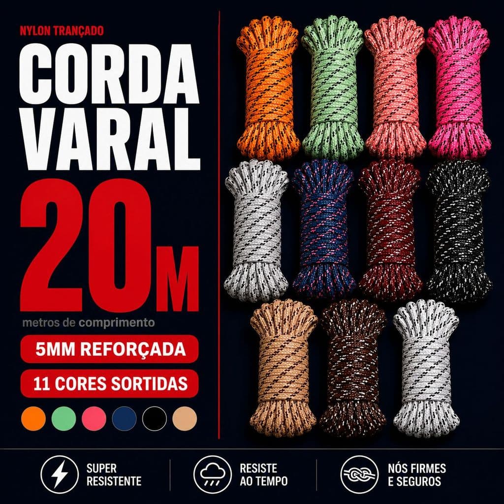 Corda De Nylon Trançada 20 Metros 5mm Varal Externo Camping Amarração Lona Obra Resistente Chuva Sol Cores