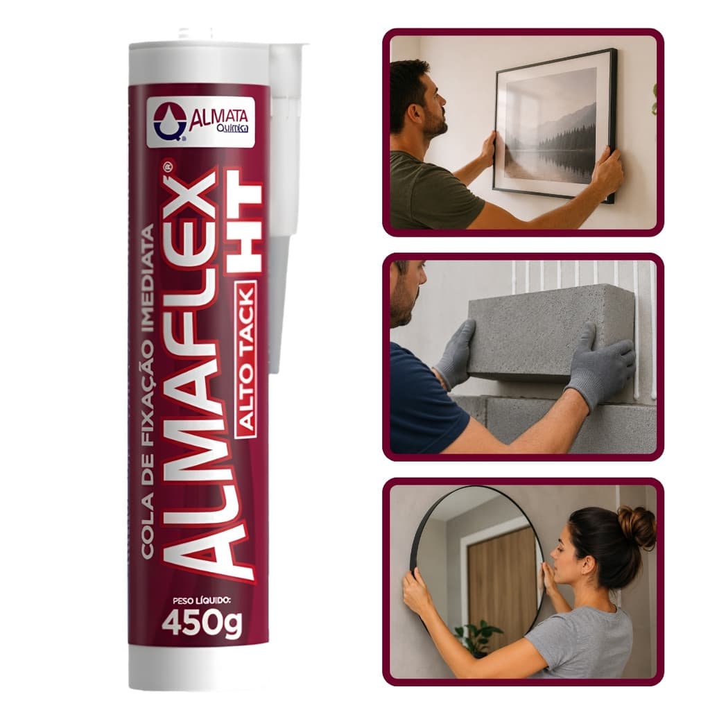 Cola Vedante Adesivo Almaflex HT Alto Tack Fixação Instantânea Montagem Forte Branco 400g