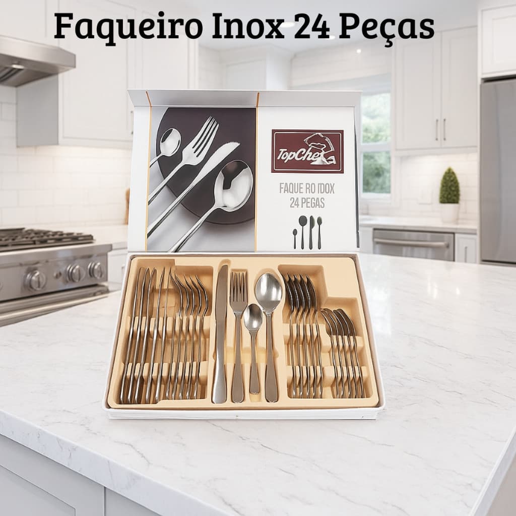 Jogo Faqueiro Inox 24 Peças Garfo Faca Colher Talheres Cozinha Jantar Mesa Resistente Elegante