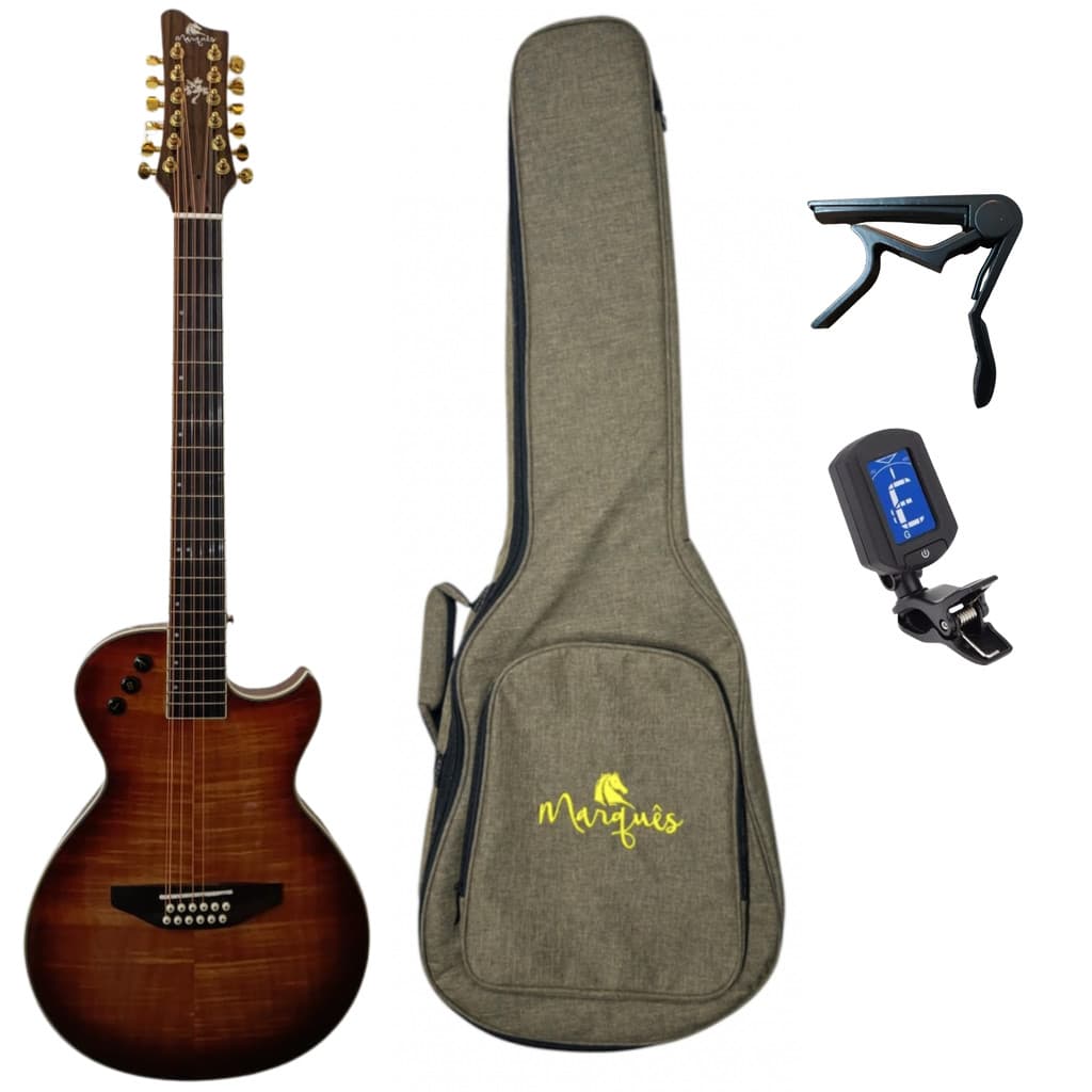 Kit Violão de Aço 12 Cordas Elétrico Flat Marquês Acessórios