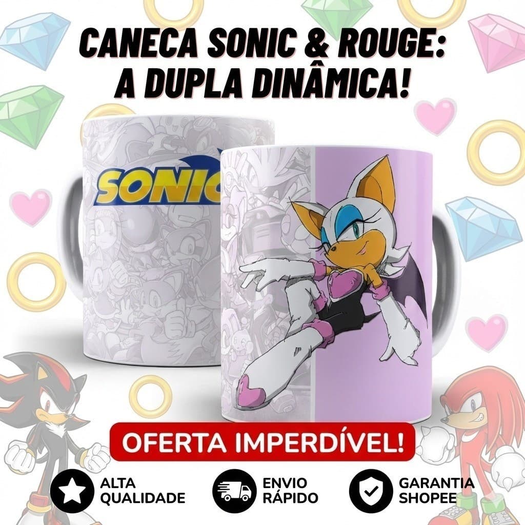 Caneca Sonic the Hedgehog & Rouge the Bat Porcelana 325ml - Presente Gamer Geek Sega