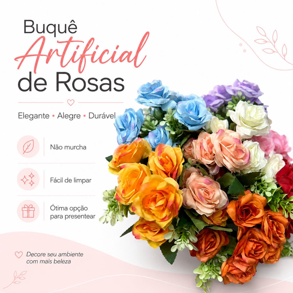 Buquê de Rosas Artificiais 29cm 7 Ramos 7 Flores./0008