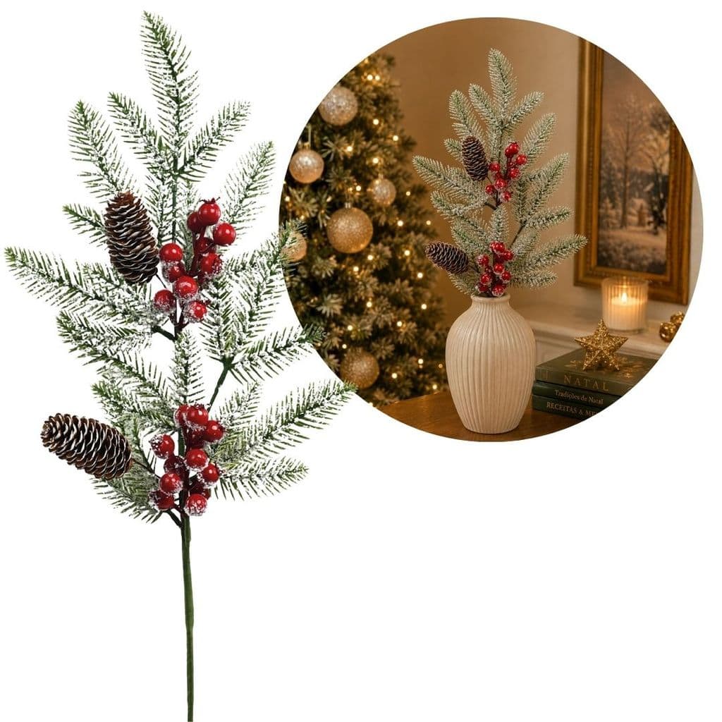 Galho Folhagens Pinheiro Natalino com Pinhas e Berries Nevado 68cm Decorativo