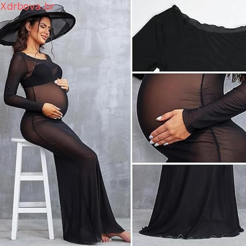 Vestido Longo Elegante de Malha com Mangas Compridas para Gestantes, para Casamento, Festa e Fotografia R5096