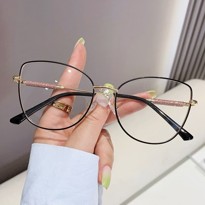 Óculos Femininos Cat-Eye-Armação Metálica Com Lente Transparente E Bloqueio De Luz Azul