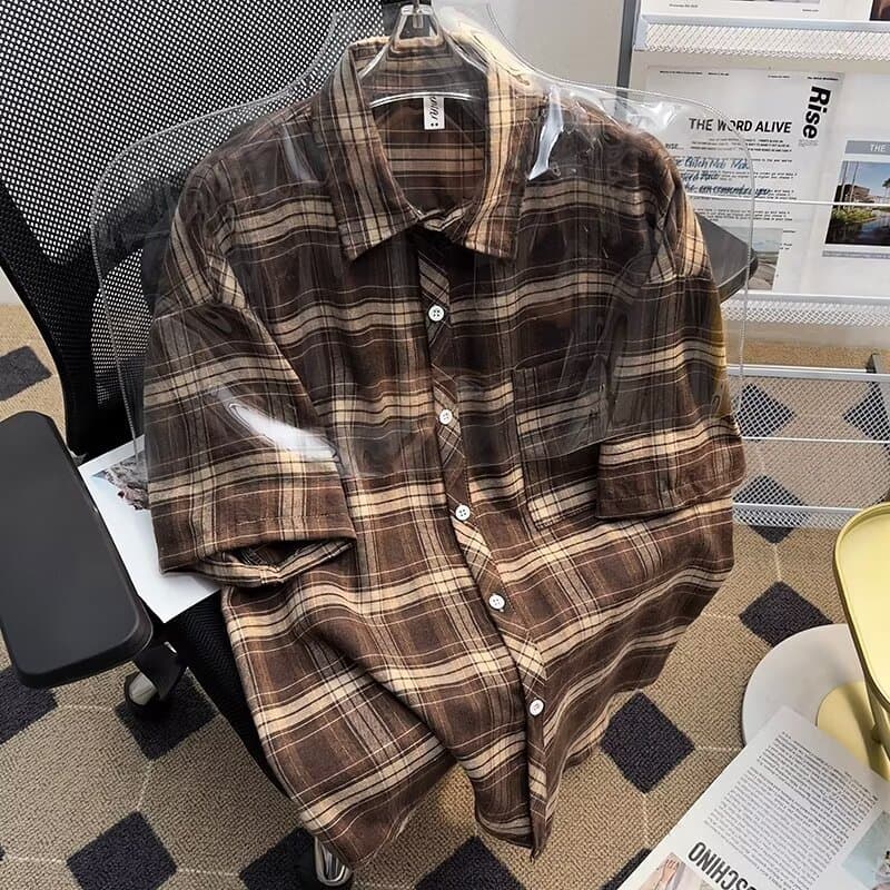 P xadrez camisa de manga curta masculina verão Retro solto Casual meia manga camisa americana High street street Wear ja