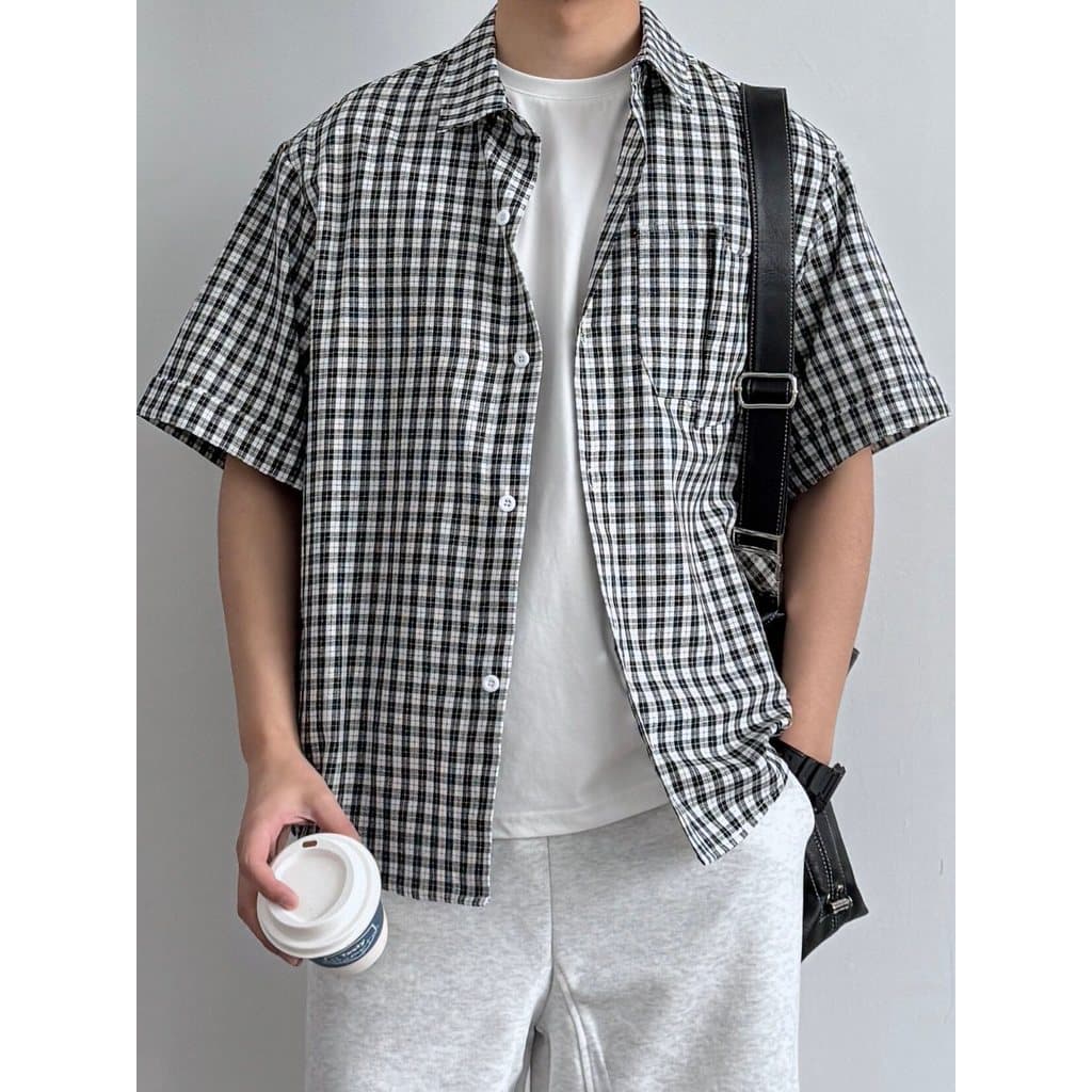 Japonês Retro puro algodão preto branco xadrez lapela camisa de manga curta verão meninos All-Match solto Casual camisa