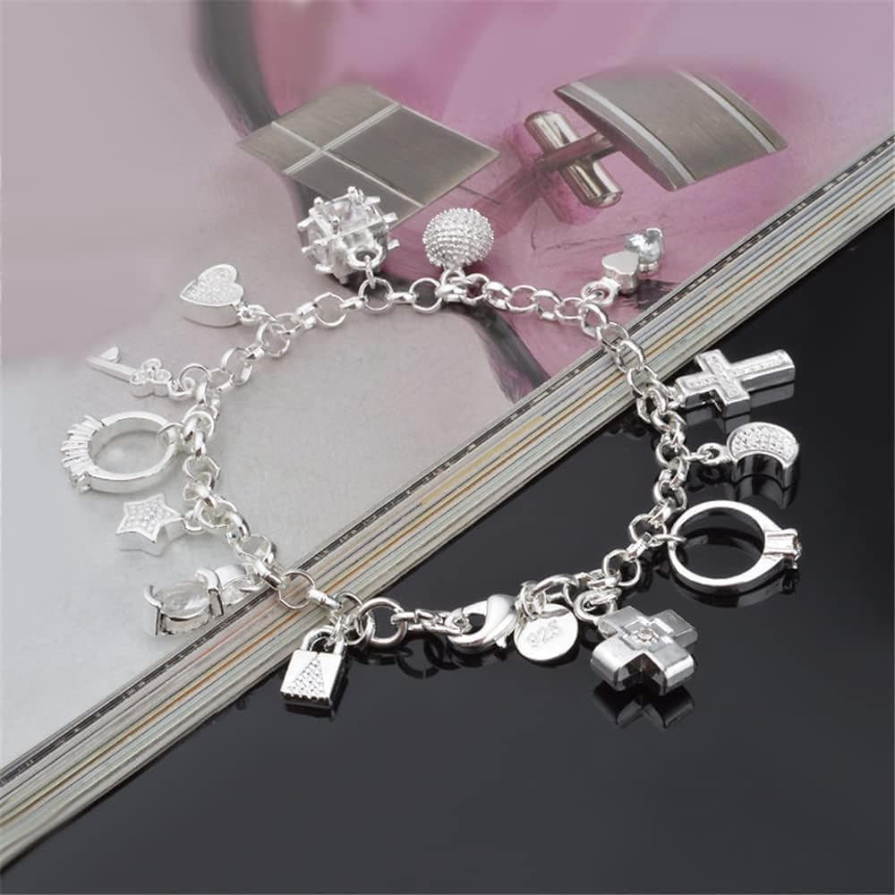 Pulseiras Banhadas A Prata Esterlina 925 Para Mulheres Amor Coração Pulseira De Corrente Multi-Charme
