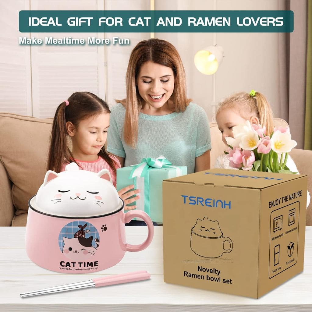 Conjunto De Tigela De Ramen Com Pauzinhos , Tigelas De Macarrão Instantâneo De Gato Fofo Tampa Sopa De Cerâmica Extra Gr