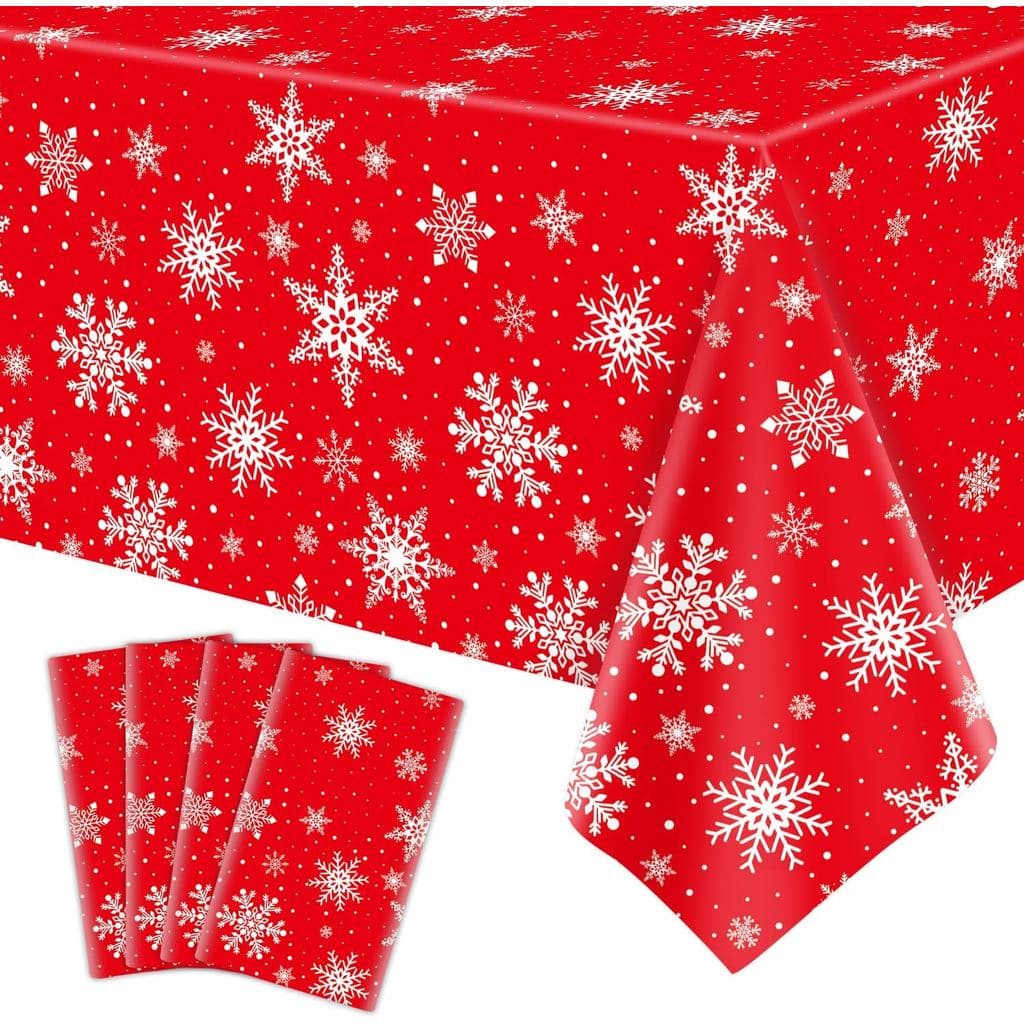 4 Peças de Toalha de Mesa de Natal com Flocos de Neve Brancos, Capa de Mesa Plástica para o Inverno, Decorações de Natal