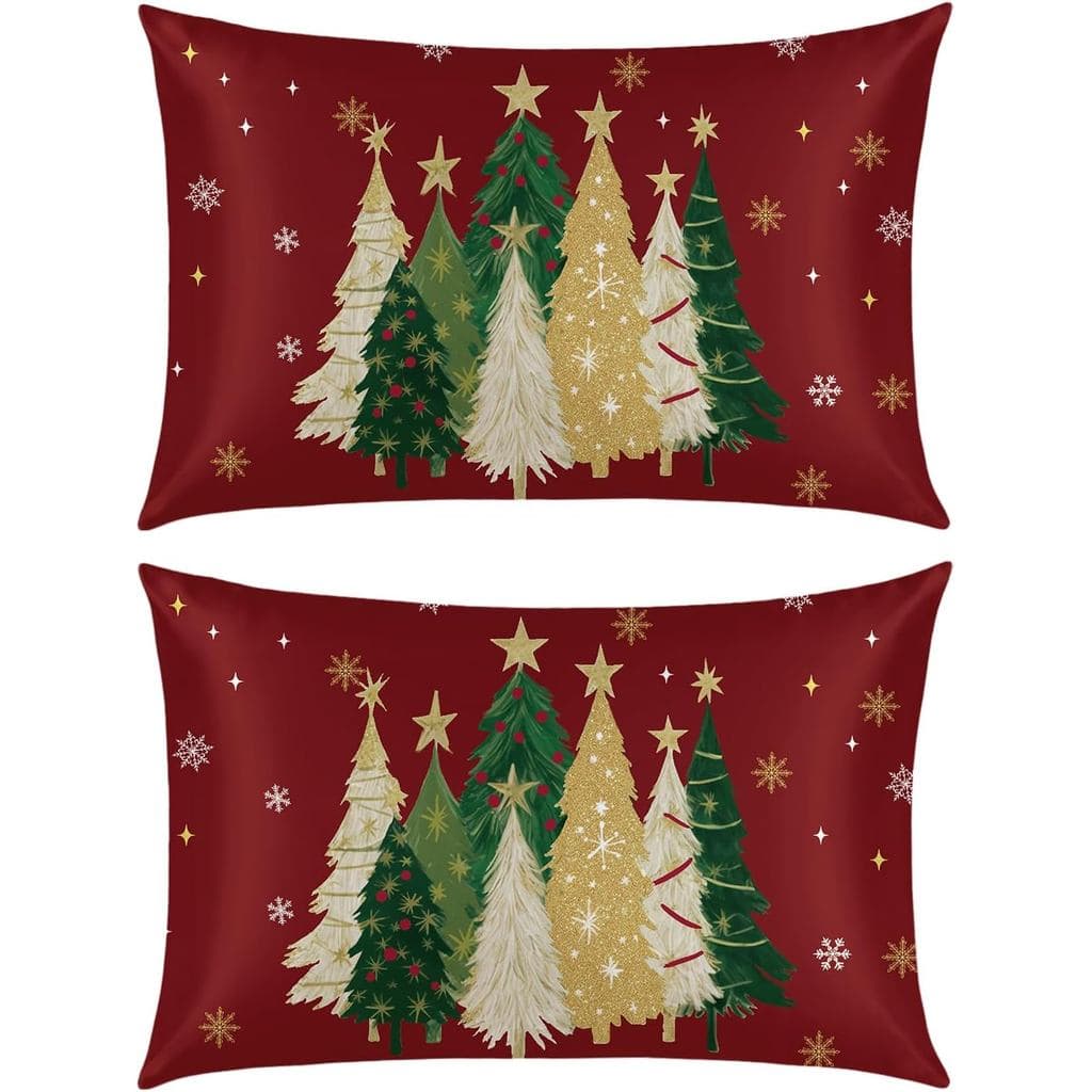 Conjunto de 2 Fronhas de Cetim Horaldaily Christmas King Size para Pele e Cabelo, com Estampa de Árvores de Natal Vermel