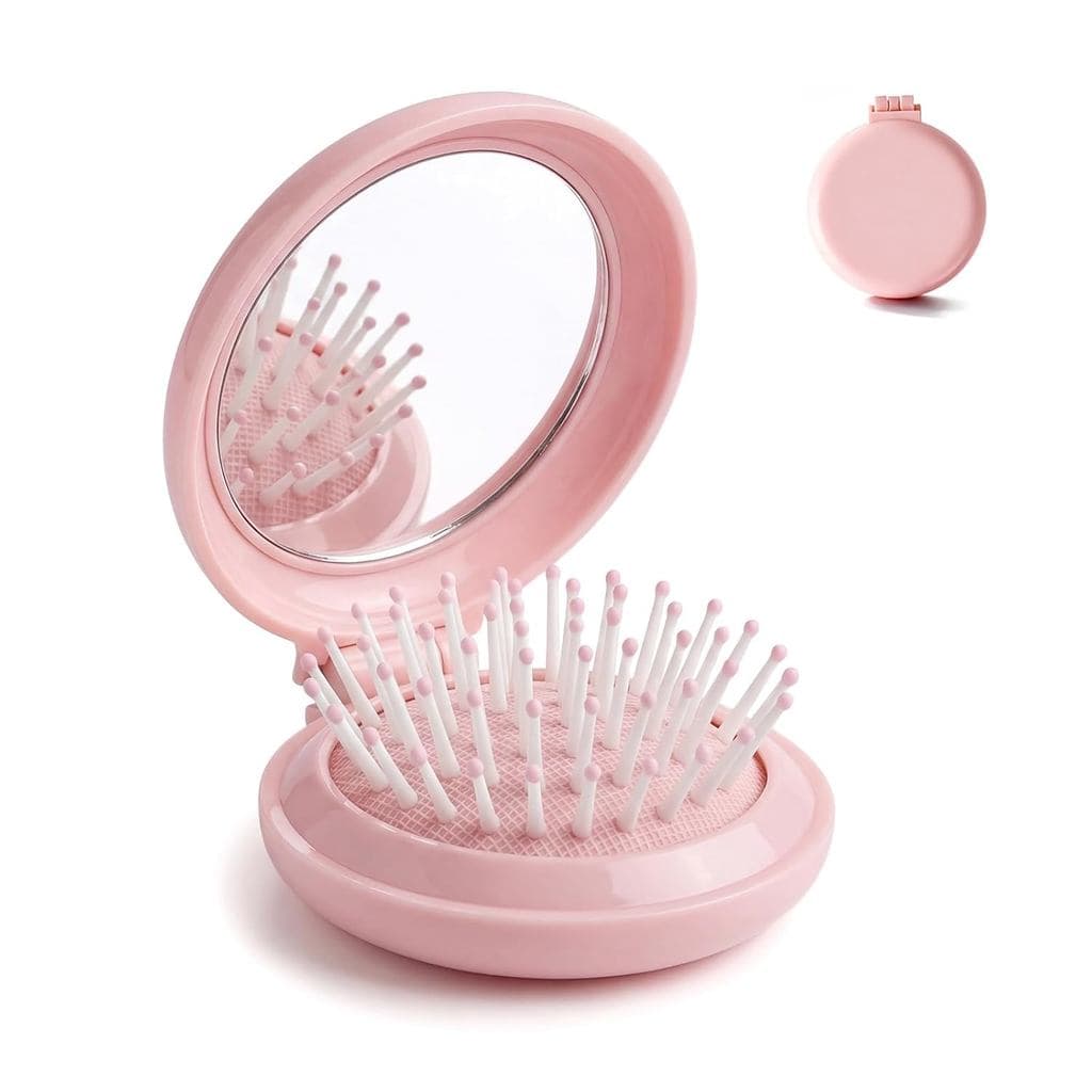Escova de Cabelo Pequena para Bolsa com Espelho, Mini Escova de Cabelo, Escova de Bolsa Rosa Dobrável, Tamanho Compacto