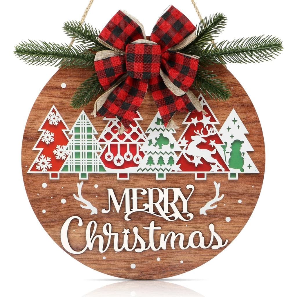 HOURIA 3D Merry Christmas Door Decorations, Pine Tree Christmas Sign for Wreaths,Xmas Holiday Welcome Wooden Plaque,Outd