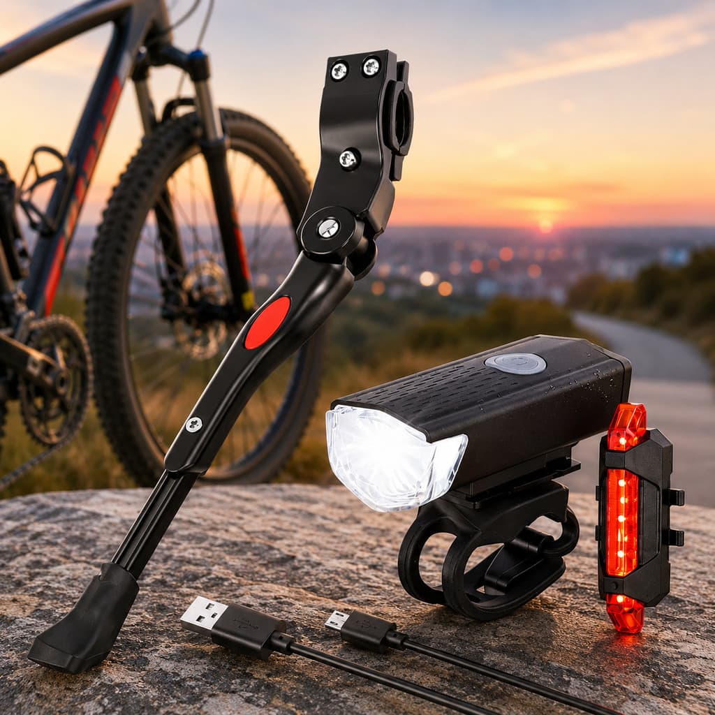 Kit Bike Completo com Descanso Lateral Regulável em Alumínio + Farol LED 300 Lumens e Sinalizador de Segu---WJ Store