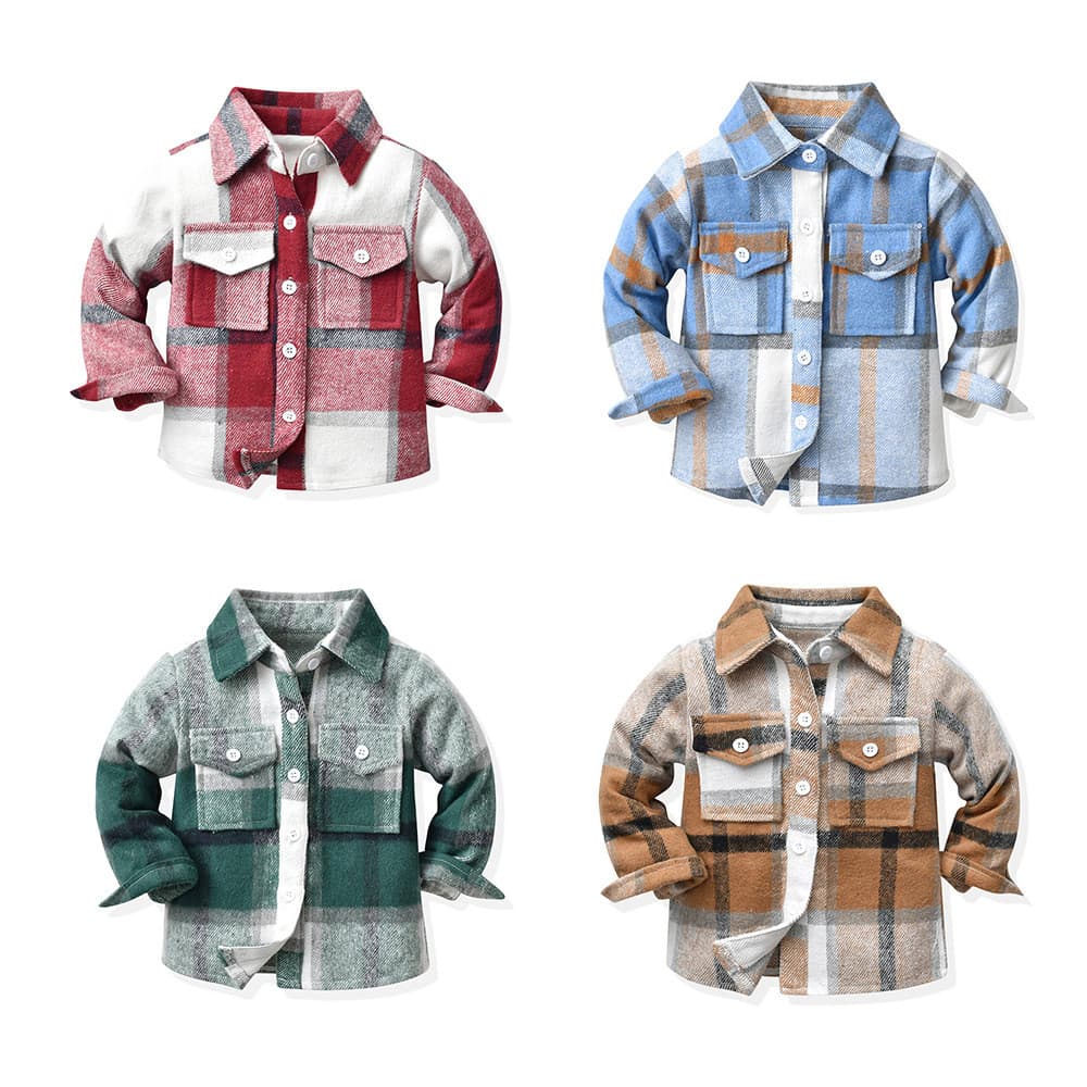 Outono meninos jaqueta novo produto crianças unissex xadrez lapela escovado manga comprida topo na moda Cardigan curto